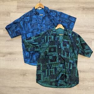 Men’s Champagnes Short Sleeve Shirts Thai Silk Vintage Button Up Sz L Set Of 2